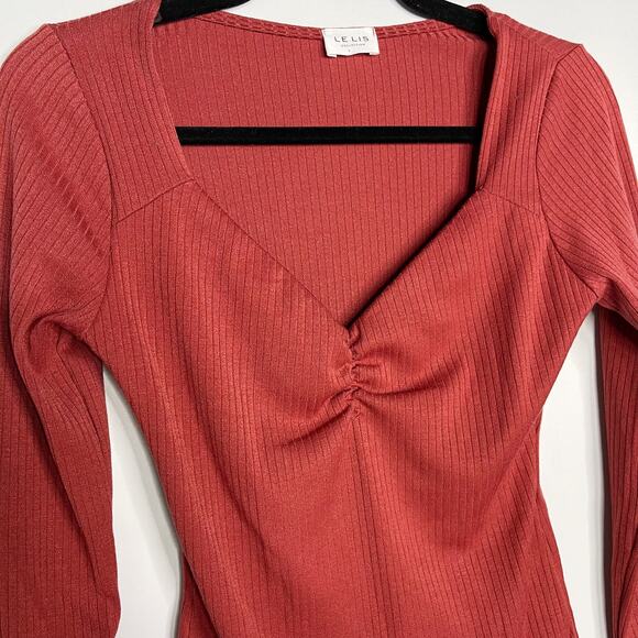 New Le Lis Small Rust Red Ribbed V Neck Bodysuit Long Sleeve Thong Snap Closure - Picture 5 of 10